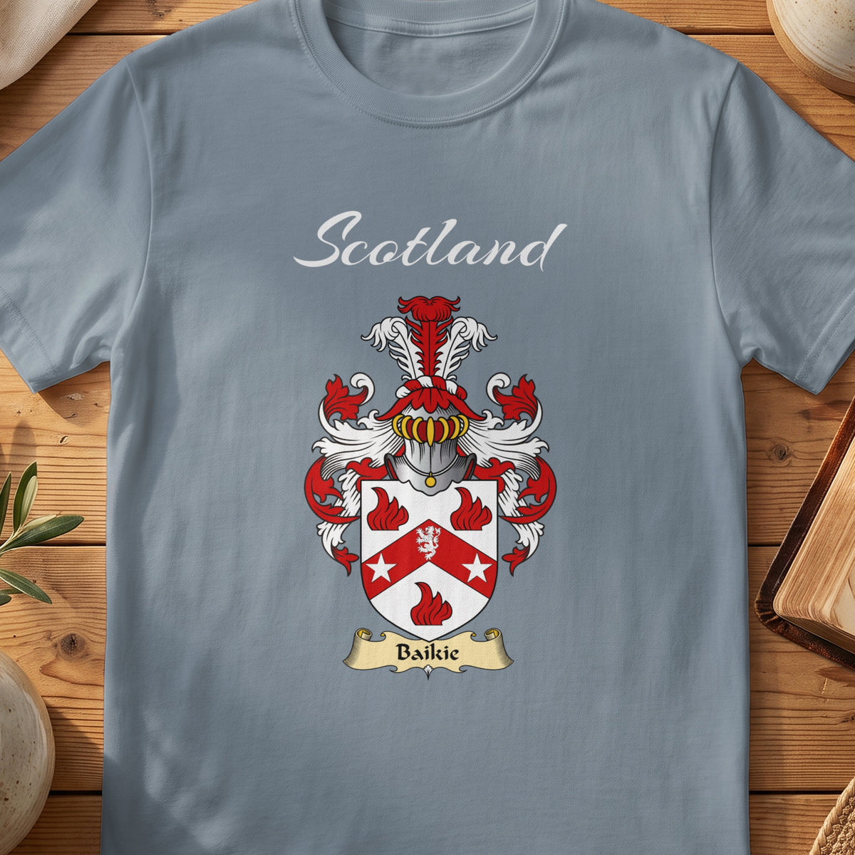 Baikie Scottish family shield T-shirt in Stone Blue