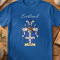 Royal blue Tindall unisex heritage T-shirt with the family shield and surname design.
