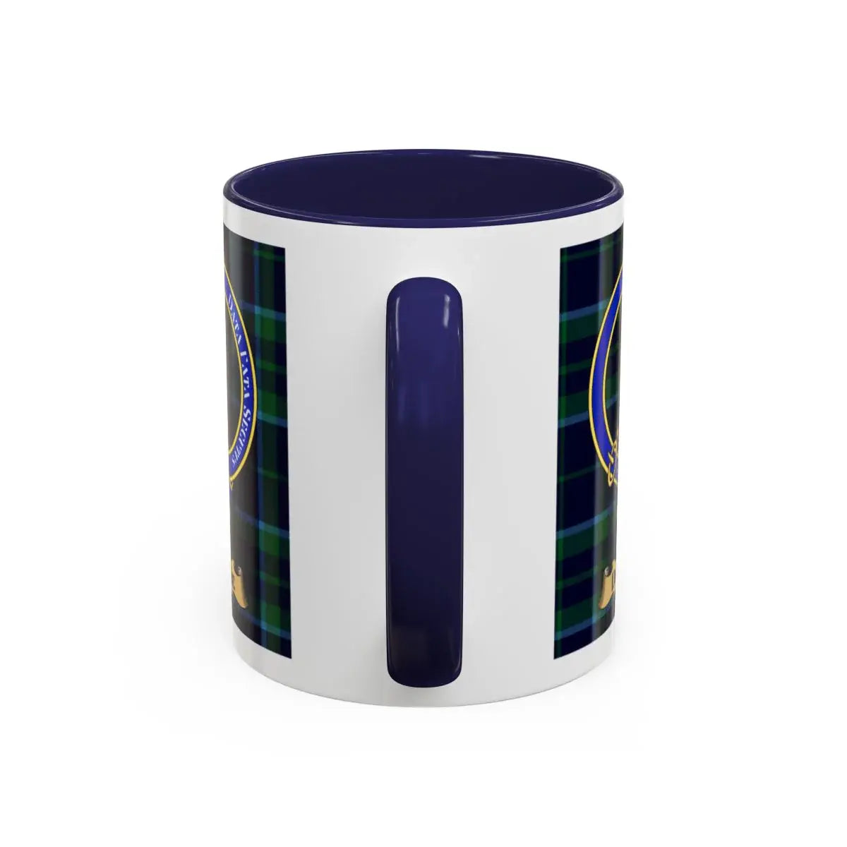 Duthie clan crest mug shown in 11 oz and 15 oz sizes