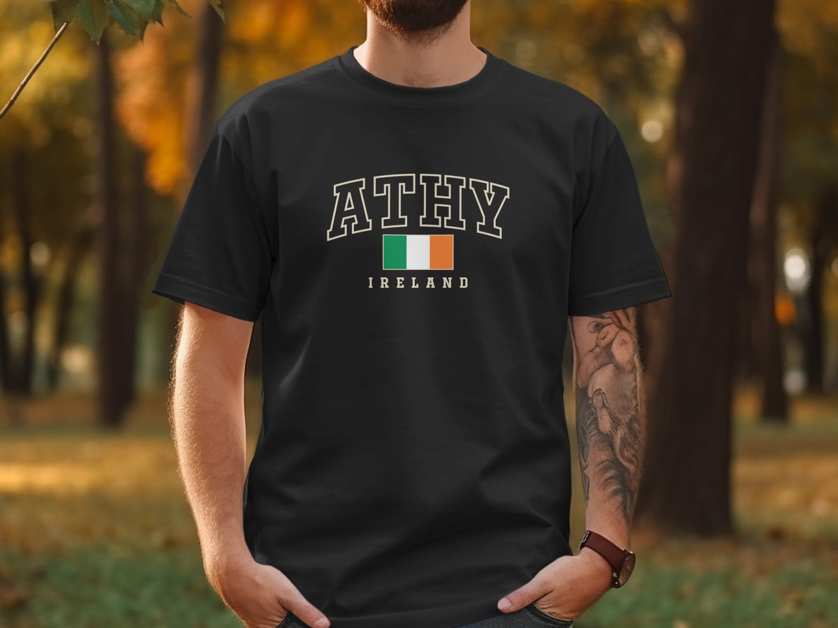 Black t-shirt with "ATHY IRELAND" text and Irish flag.