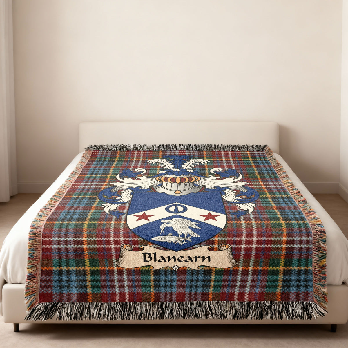 Blanearn Caledonia tartan heritage woven throw blanket with family shield