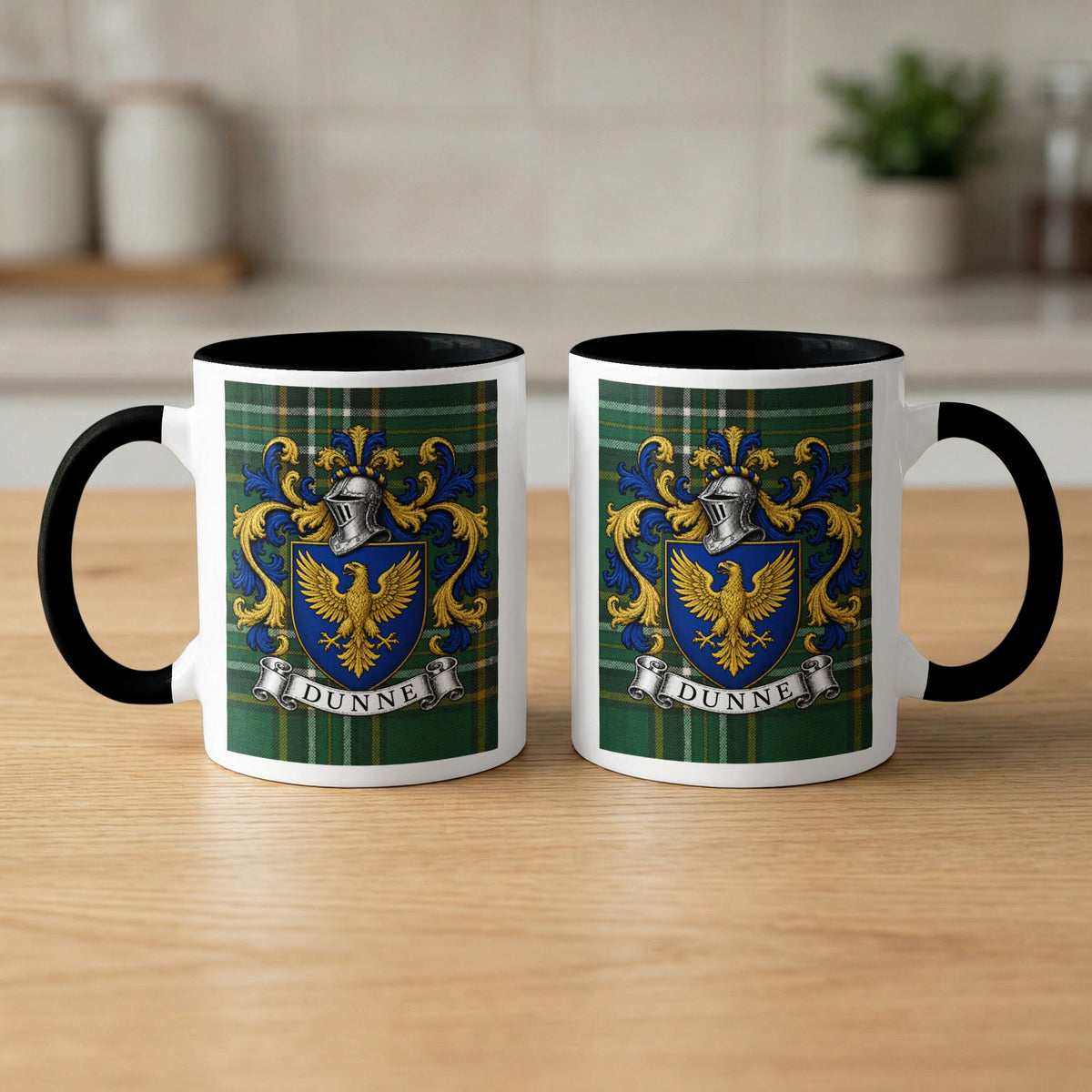 Pair of Dunne Irish National Tartan family crest mugs with black handles and rims