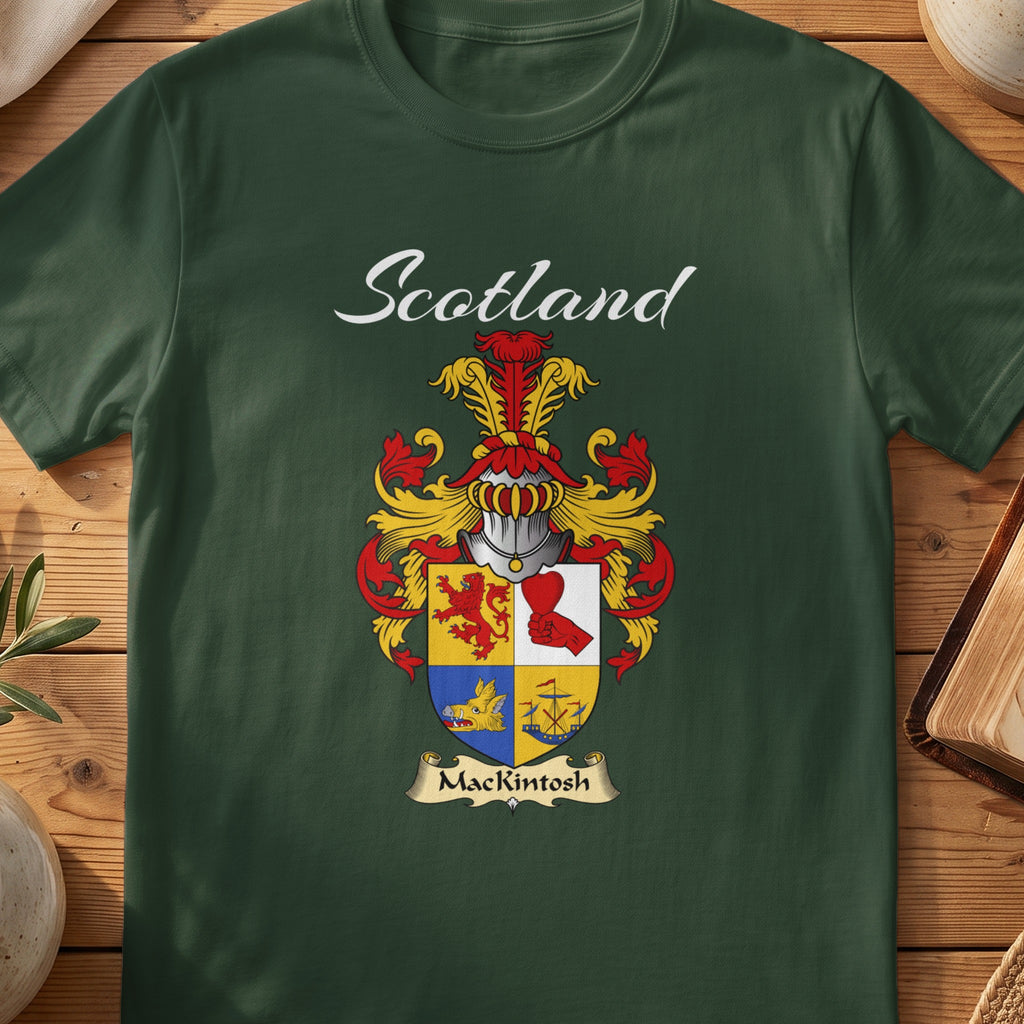 Forest Green MacKintosh Scottish T-shirt featuring a quartered red, gold and blue shield
