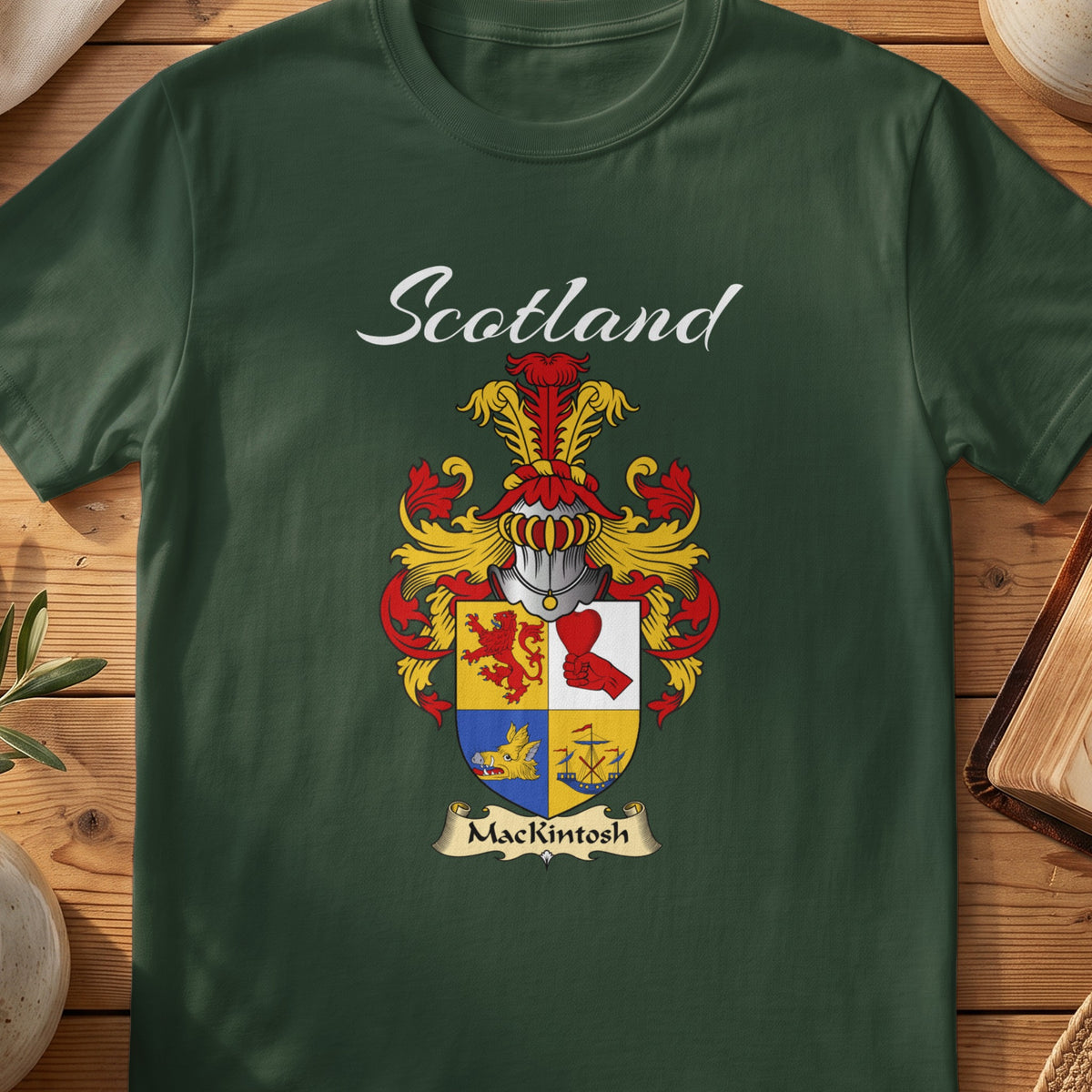 Forest Green MacKintosh Scottish T-shirt featuring a quartered red, gold and blue shield