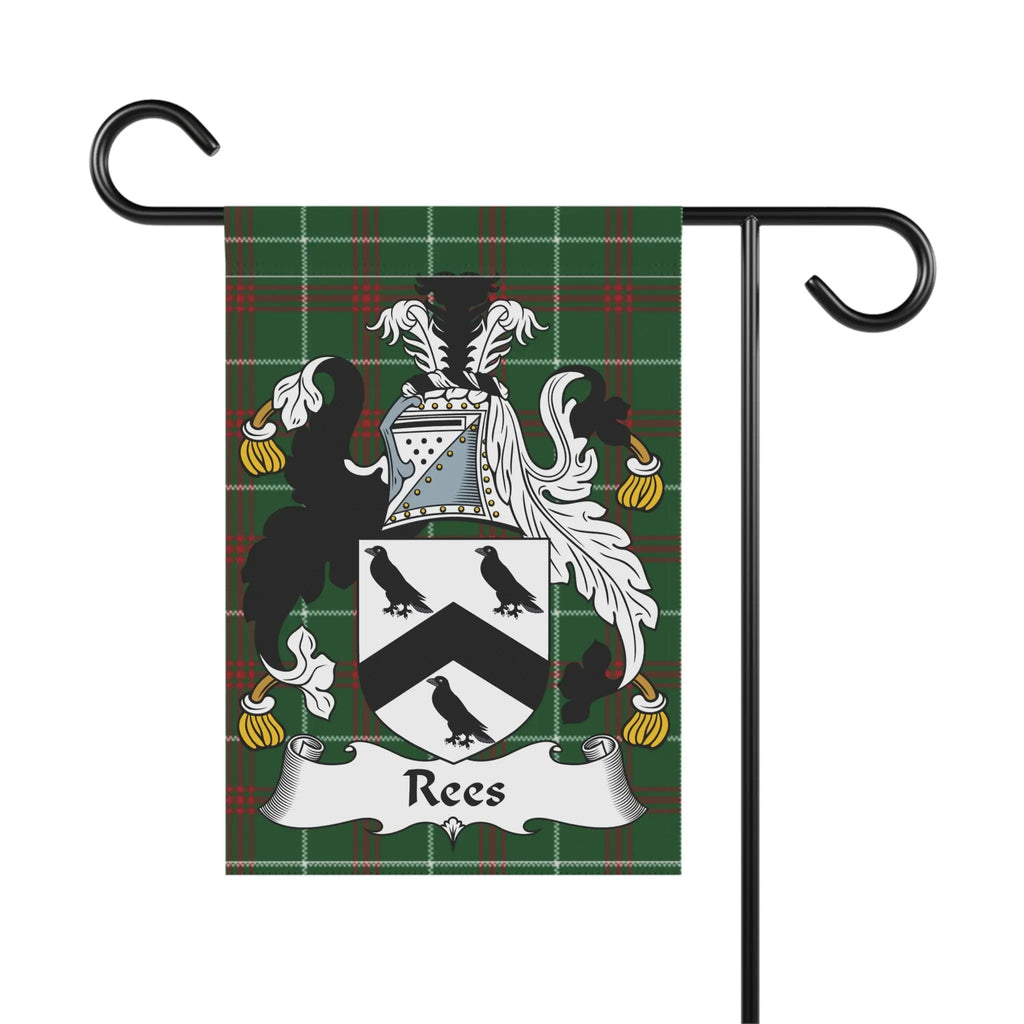 Garden flag displaying the Rees family crest on a tartan background.