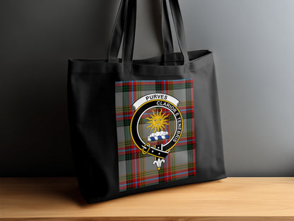 Scottish Clan Purves Crest on Tartan Background Tote Bag - Living Stone Gifts