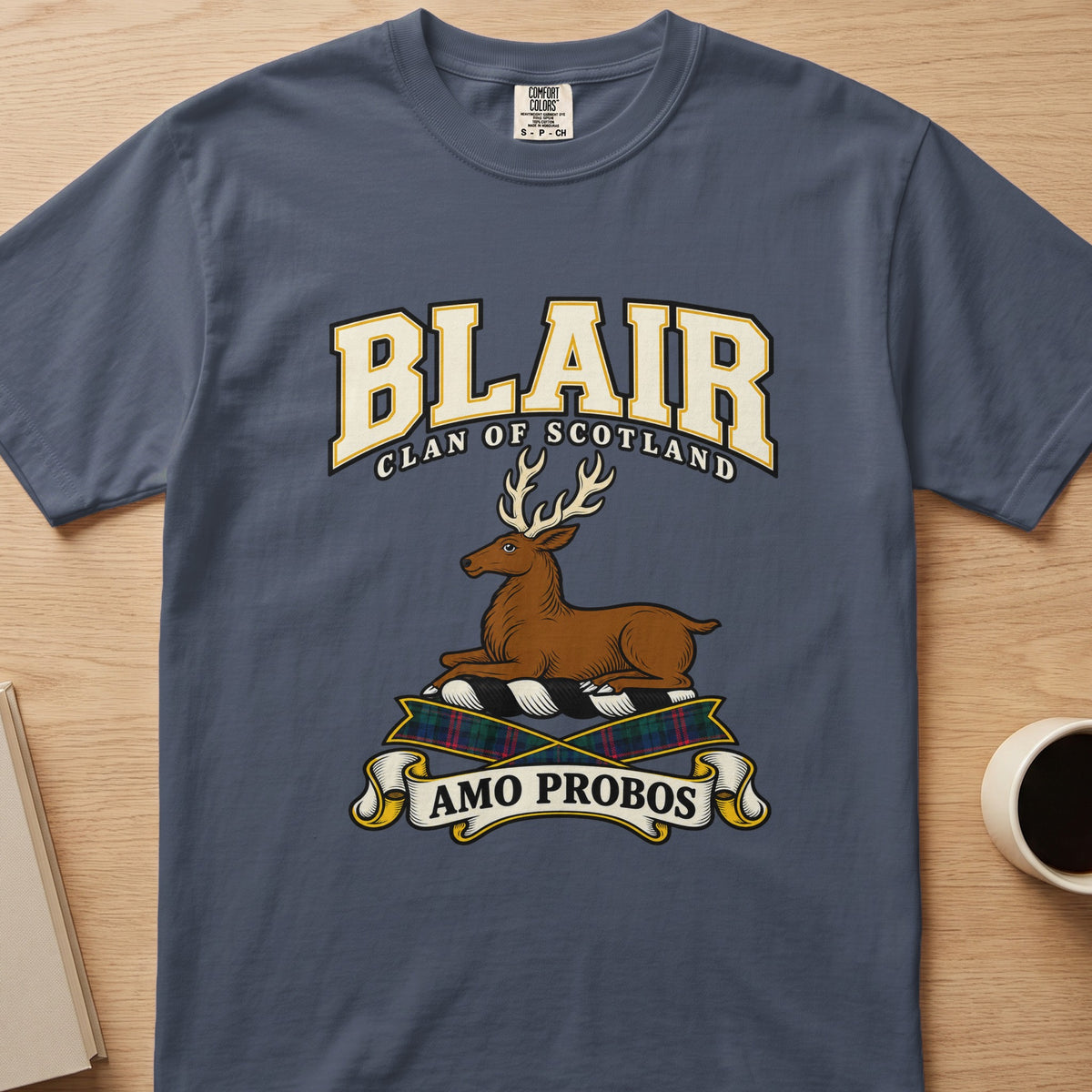Blair clan crest with resting stag on a slate blue Comfort Colors T-shirt, front view