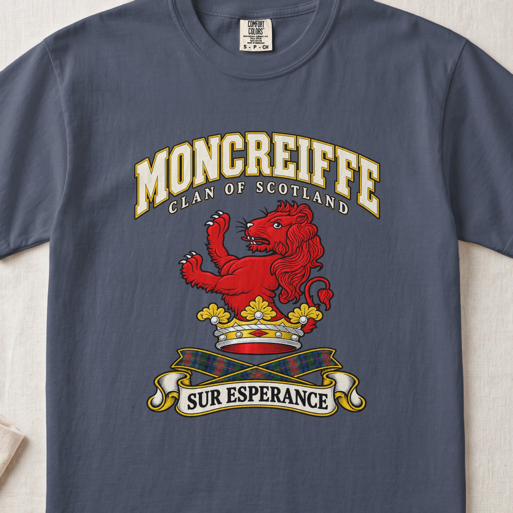 Moncreiffe Scottish clan T-shirt in Midnight, front view with a red lion above a golden crown and motto banner.