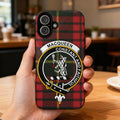 Clan MacQueen tartan phone case — full 3D wrap print with Constant and Faithful clan crest, glossy finish