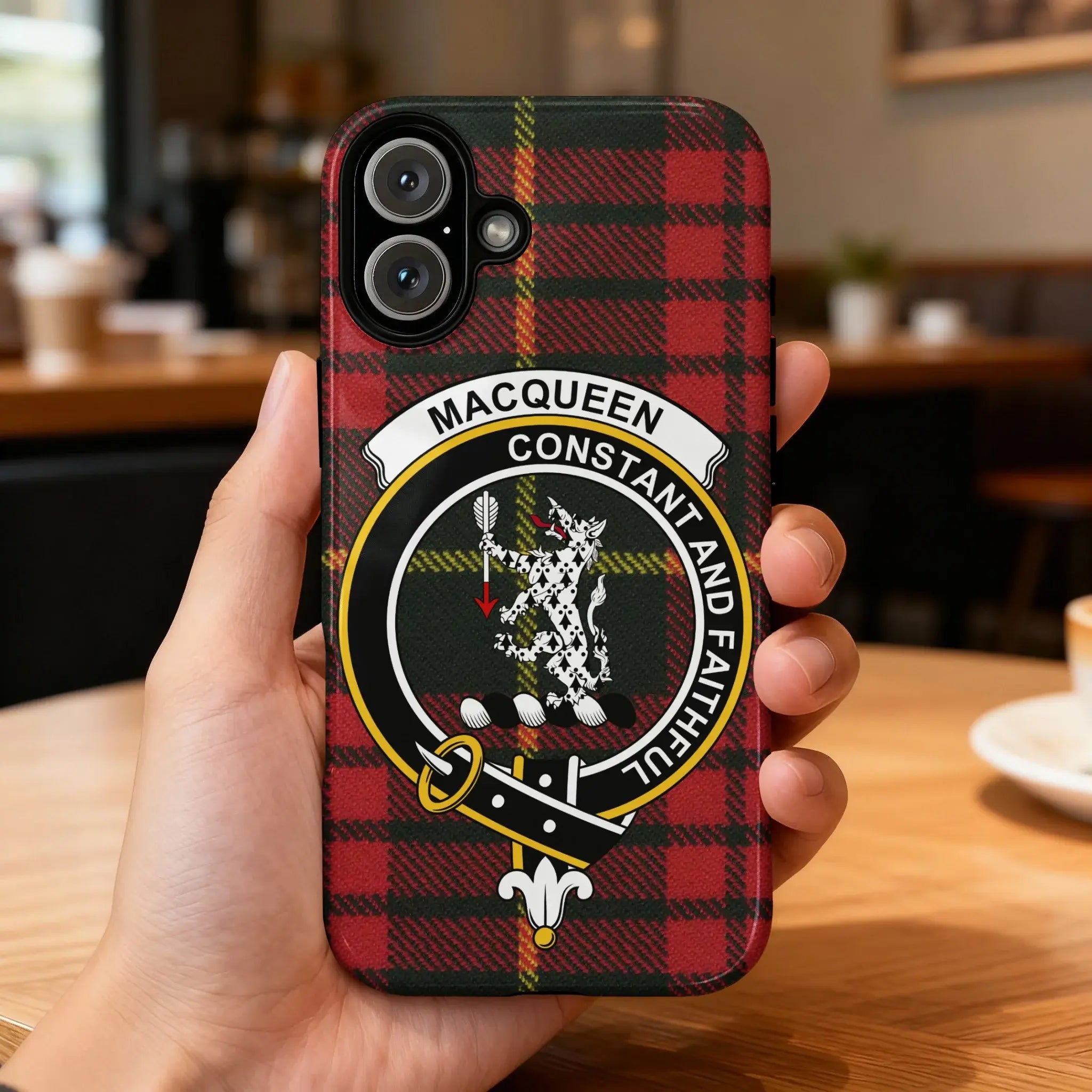 Clan MacQueen tartan phone case — full 3D wrap print with Constant and Faithful clan crest, glossy finish