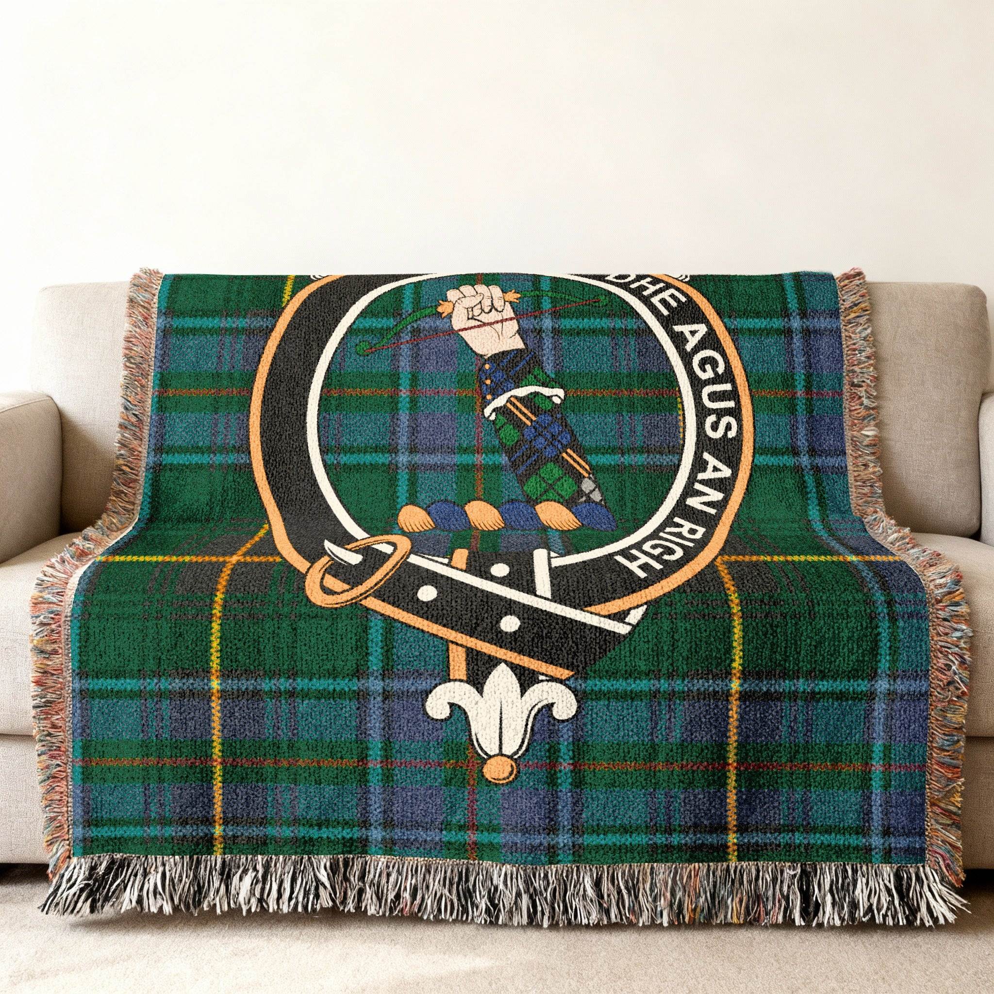 MacInnes Scottish tartan woven blanket laid flat — full crest and tartan pattern view