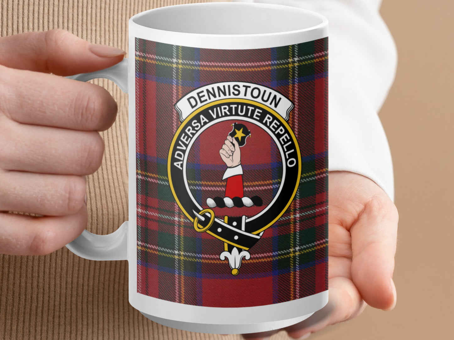 Clan Dennistoun Scottish Tartan Crest Design Mug - Living Stone Gifts