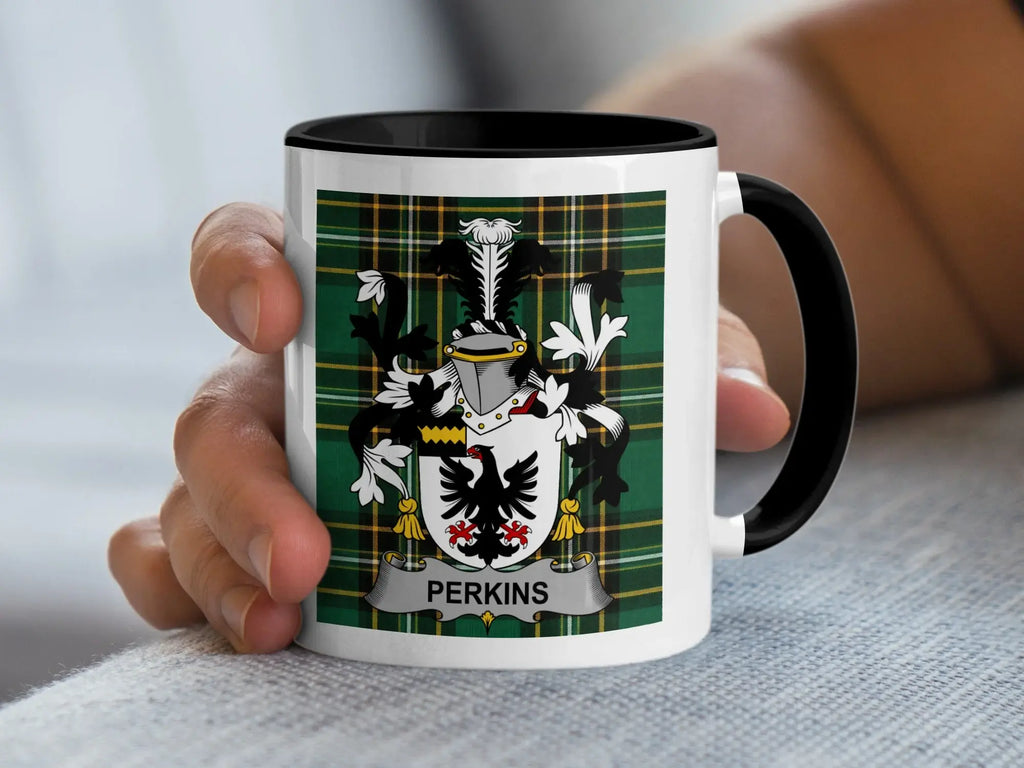Perkins Irish family crest black accent mug with Irish National Tartan