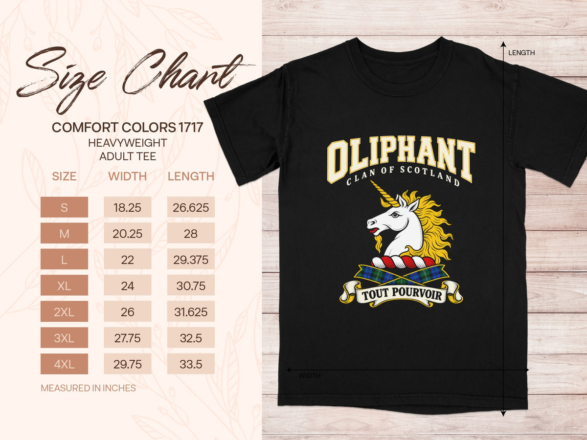 Comfort Colors 1717 size chart in inches with a black Oliphant clan crest T-shirt preview