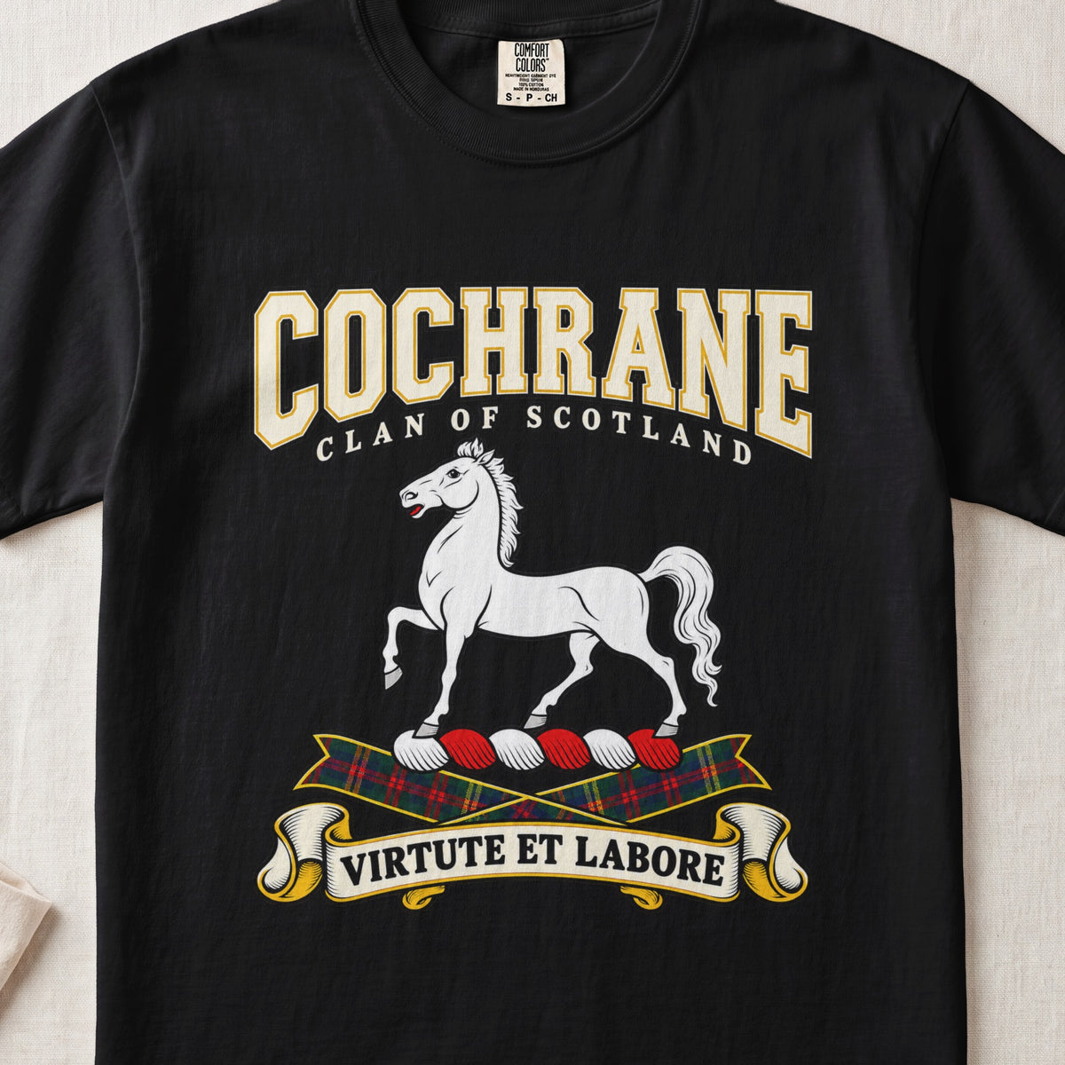 Cochrane Scottish clan graphic T-shirt in Black, front view