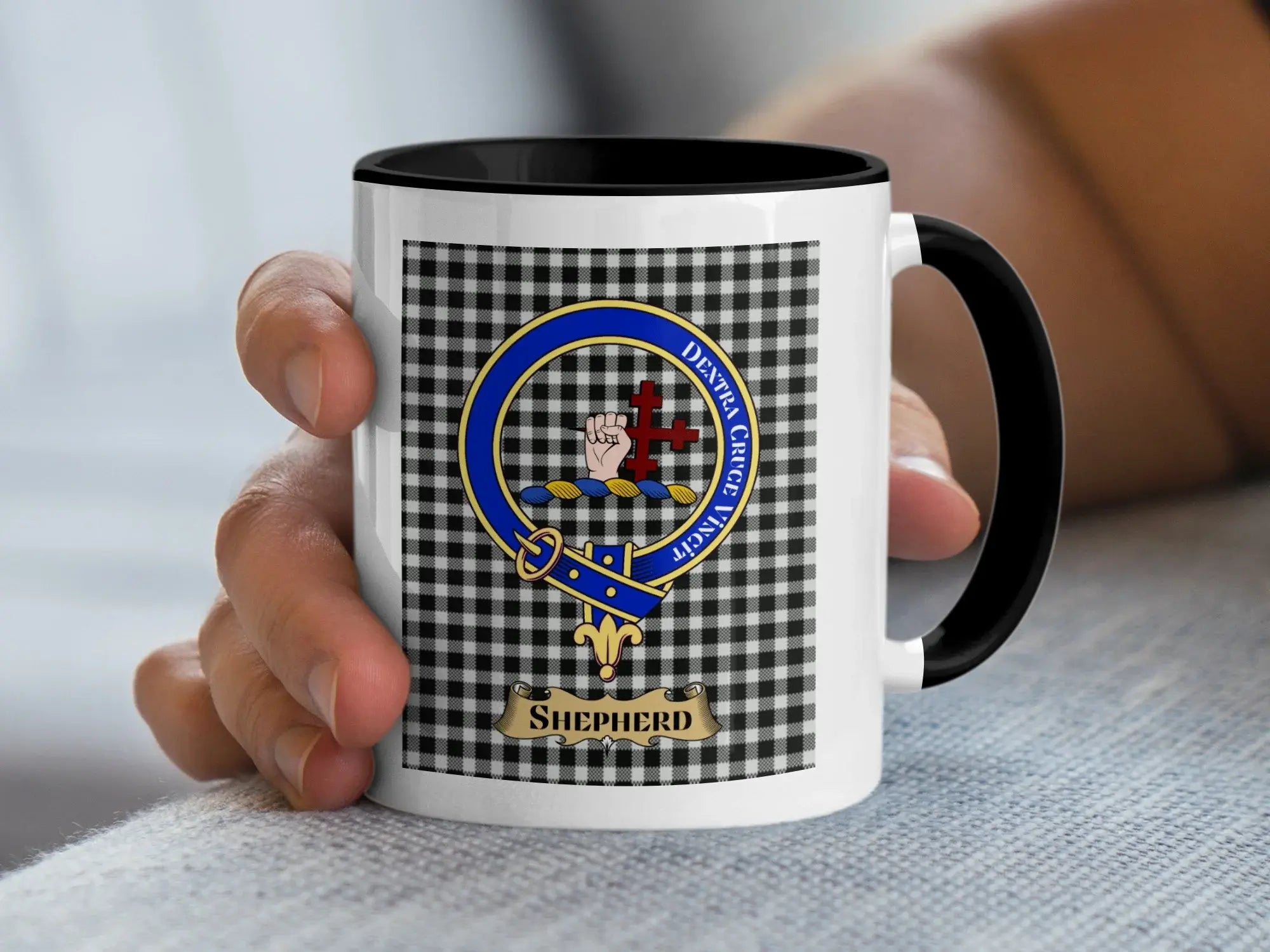 Shepherd tartan mug with a coloured accent handle and interior