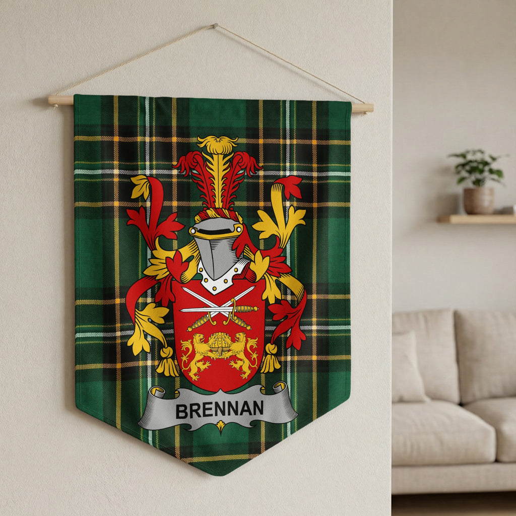 Brennan family crest on green tartan banner hanging on wall