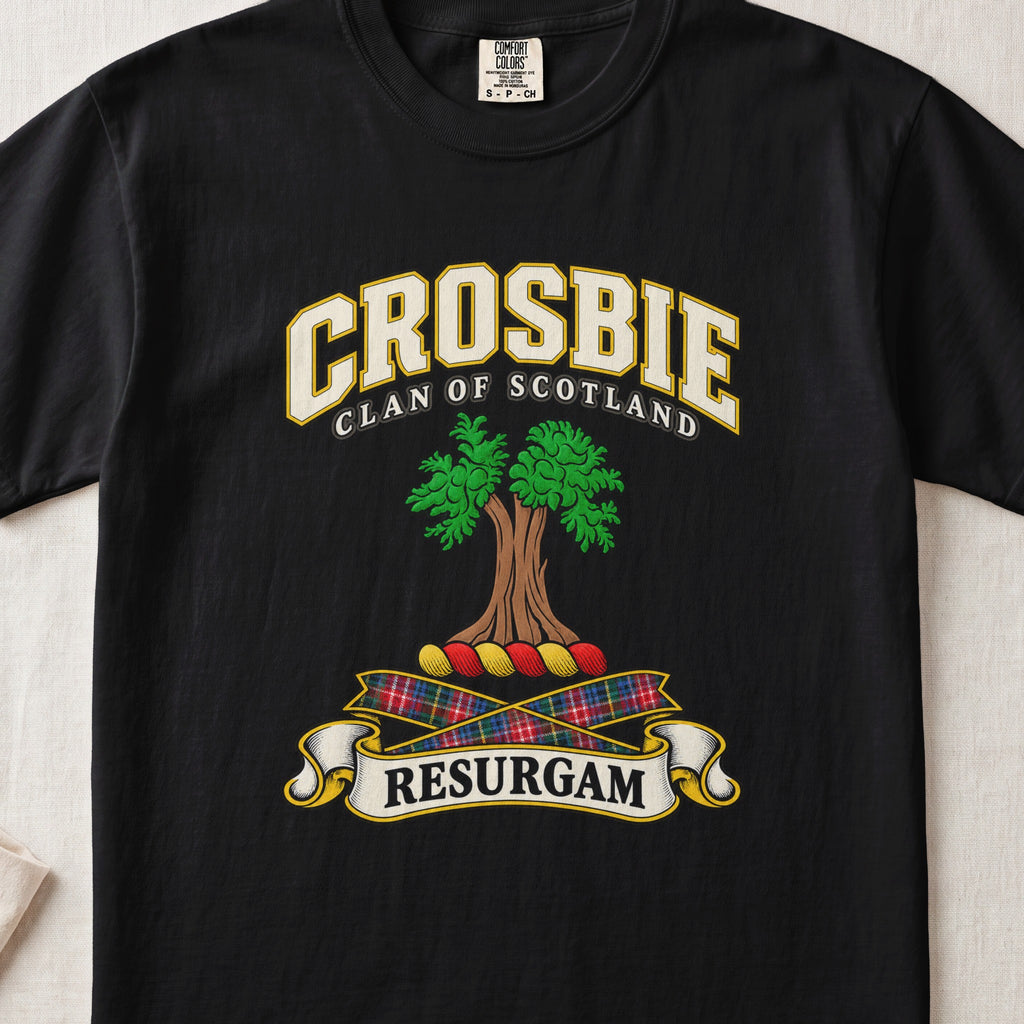 Crosbie Scottish clan T-shirt in Black, front view with a green tree and motto design.
