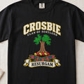 Crosbie Scottish clan T-shirt in Black, front view with a green tree and motto design.