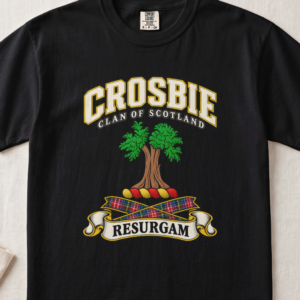 Crosbie Scottish clan T-shirt in Black, front view with a green tree and motto design.