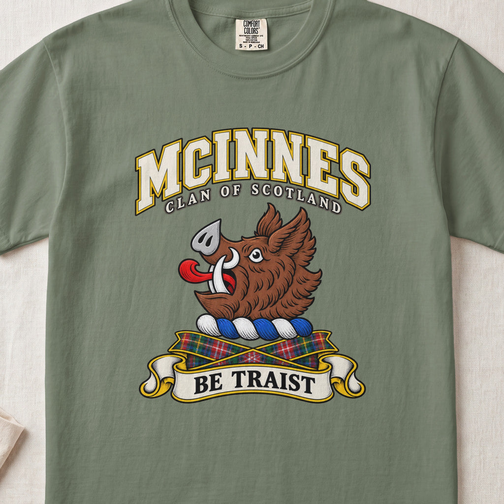 McInnes Scottish clan T-shirt in Moss, front view with a brown boar head and motto design.