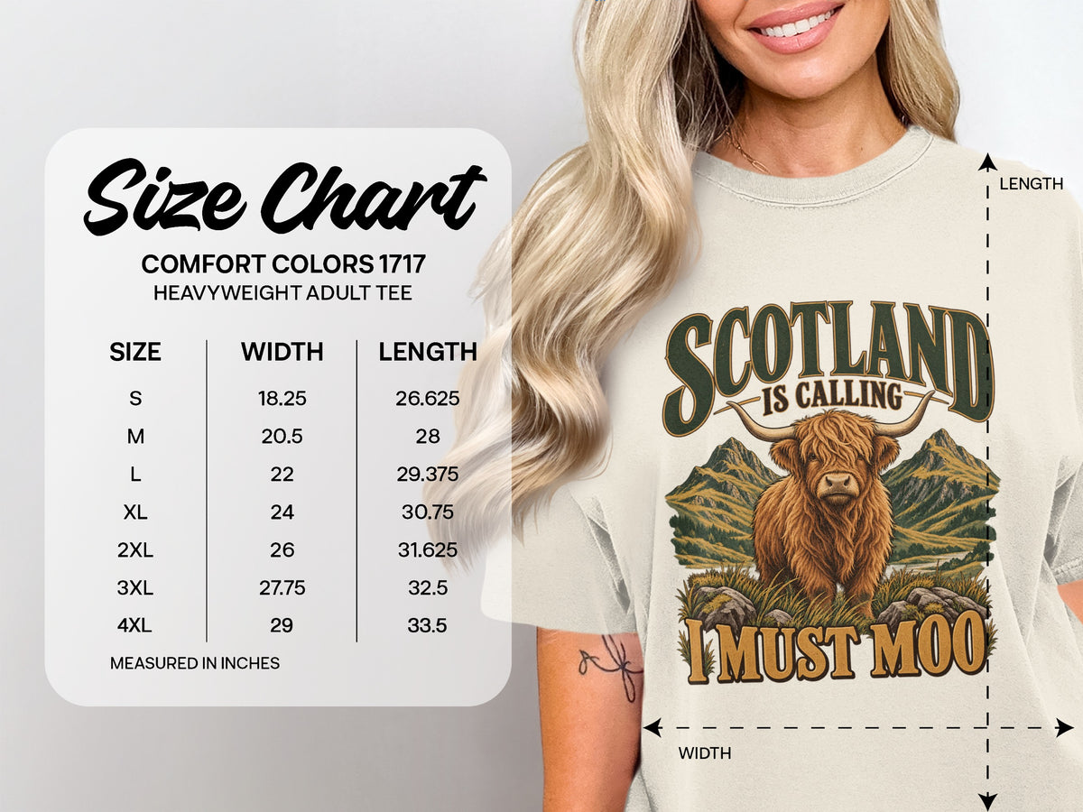 Comfort Colors 1717 size chart, S–4XL, for the Scotland Is Calling, I Must Moo Highland cow T-shirt