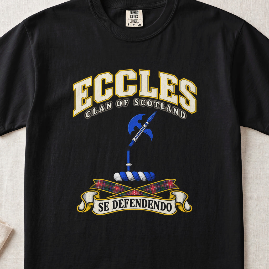 Eccles Scottish clan T-shirt in Black, front view with a blue halberd and motto design.