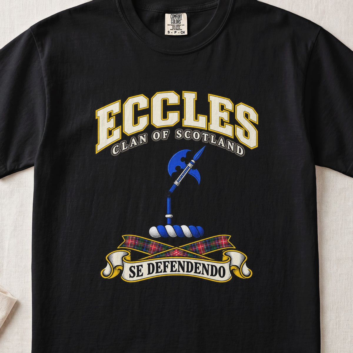 Eccles Scottish clan T-shirt in Black, front view with a blue halberd and motto design.