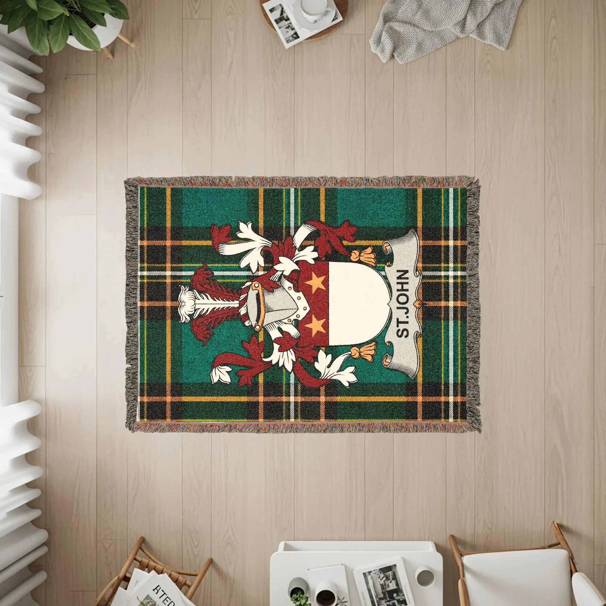 Tapestry rug with a tartan pattern and a coat of arms featuring "ST. JOHN".