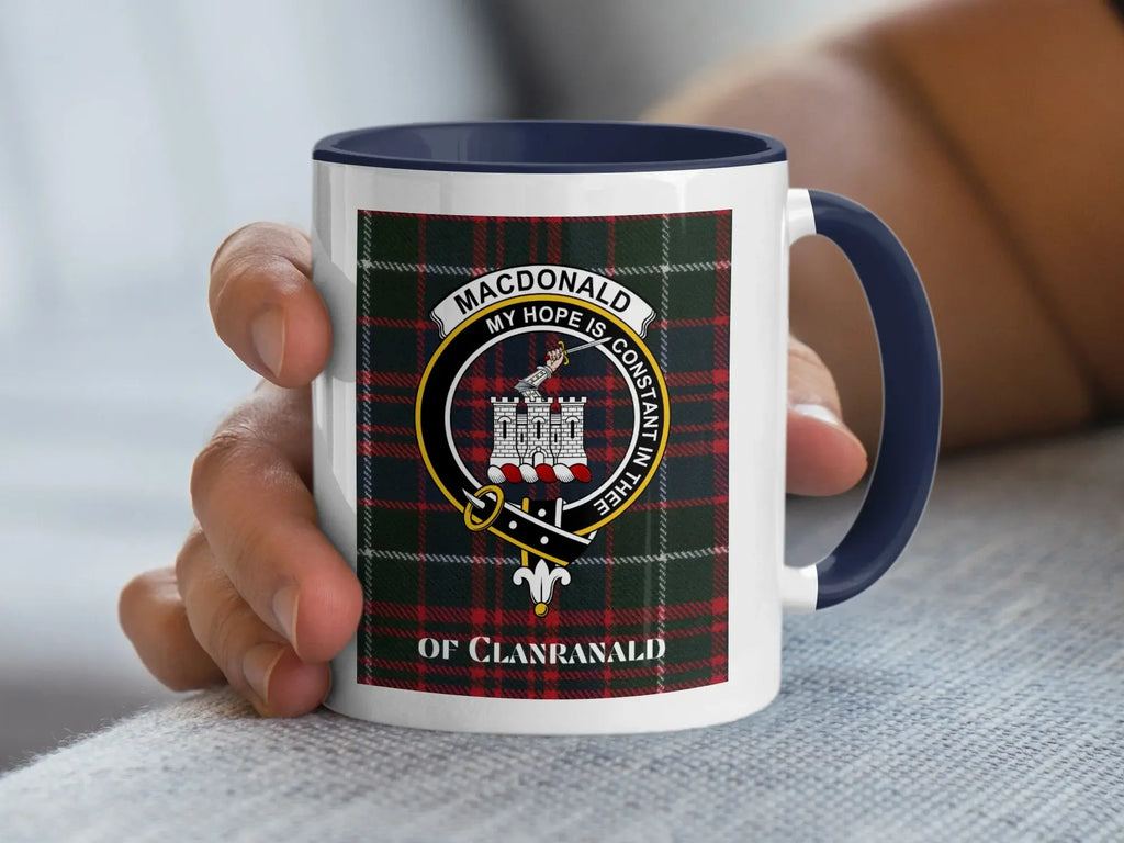 MacDonald of Clanranald clan crest mug — glossy ceramic with My Hope Is Constant In Thee motto, black handle