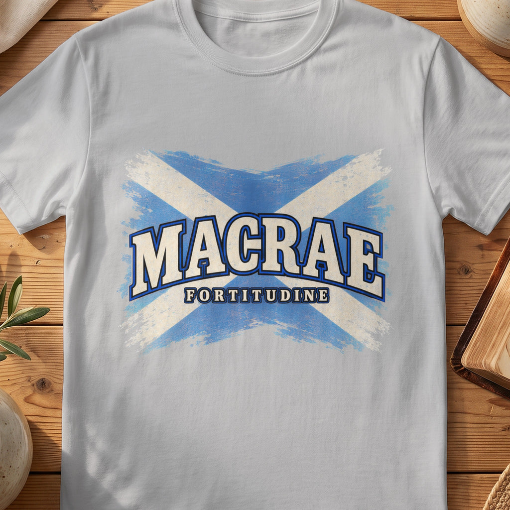 MacRae Scottish Saltire T-shirt in Sport Grey, with distressed blue and cream flag and “Fortitudine” lettering.