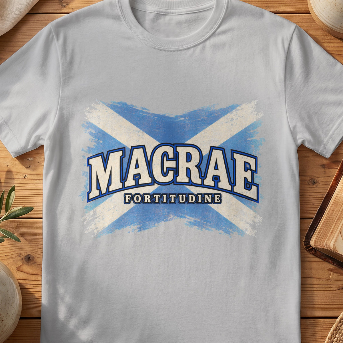 MacRae Scottish Saltire T-shirt in Sport Grey, with distressed blue and cream flag and “Fortitudine” lettering.