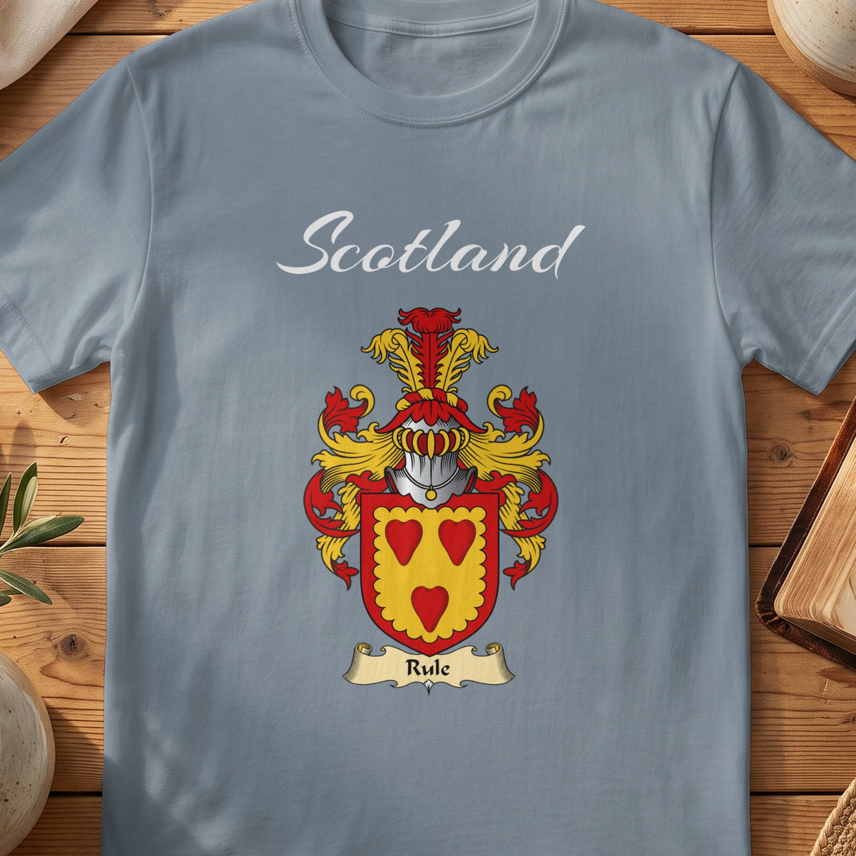 Rule Scottish family shield T-shirt in Stone Blue