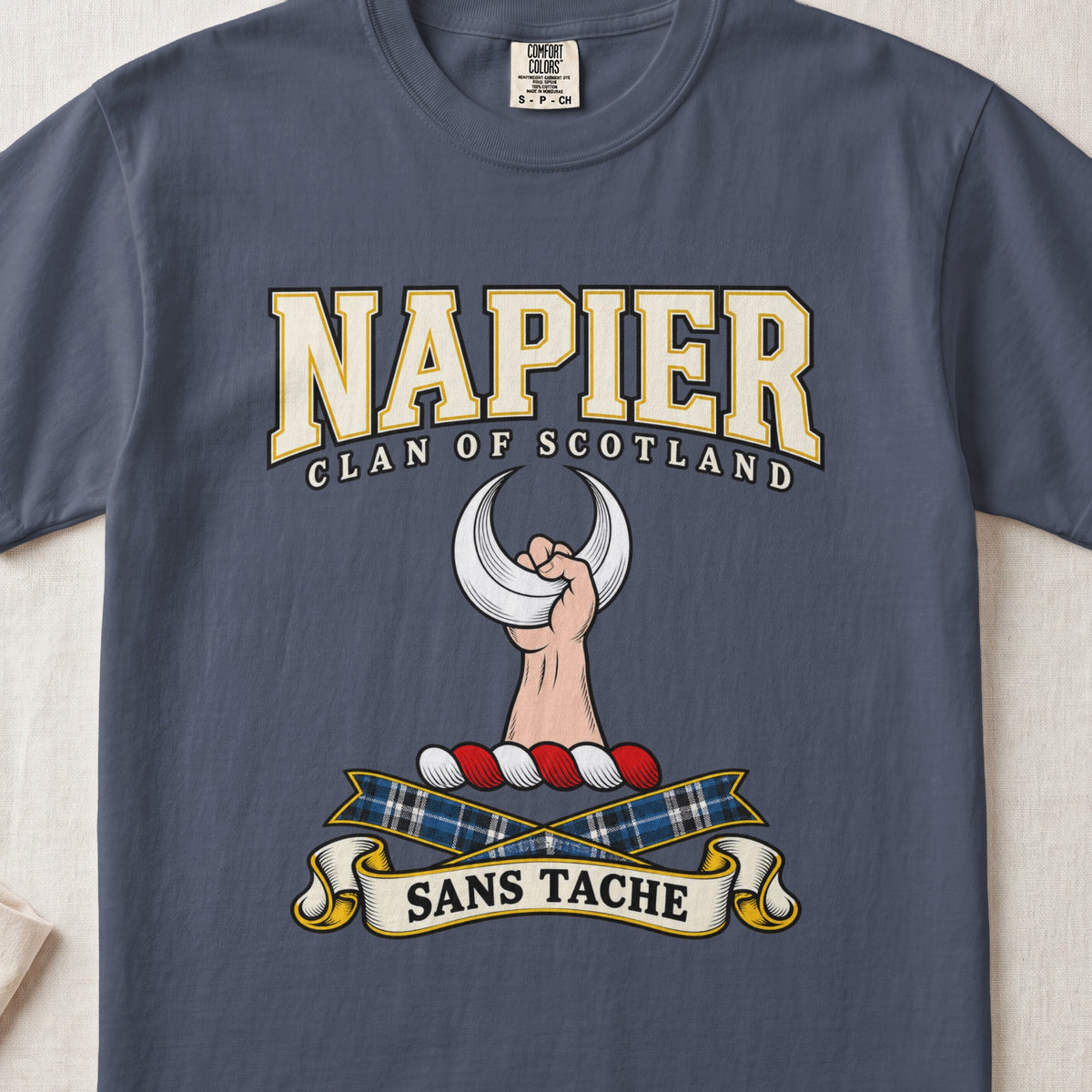 Napier Scottish clan graphic T-shirt in Midnight, front view