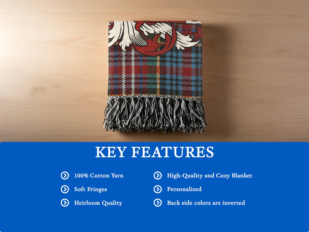 Features of the Thornton Scottish family shield woven blanket with Caledonia tartan background
