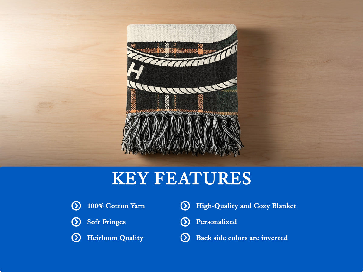 MacMahon cotton woven blanket detail with decorative fringed edges