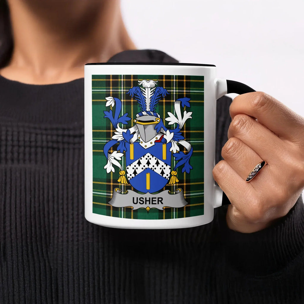 Mug with a tartan pattern and the Usher family crest.