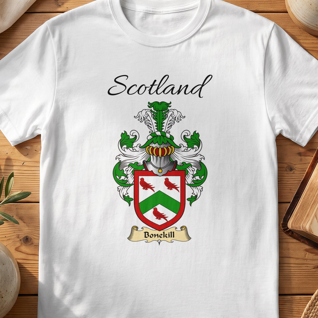 White Bonekill Scottish family shield T-shirt featuring a green chevron between red birds