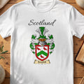 White Bonekill Scottish family shield T-shirt featuring a green chevron between red birds