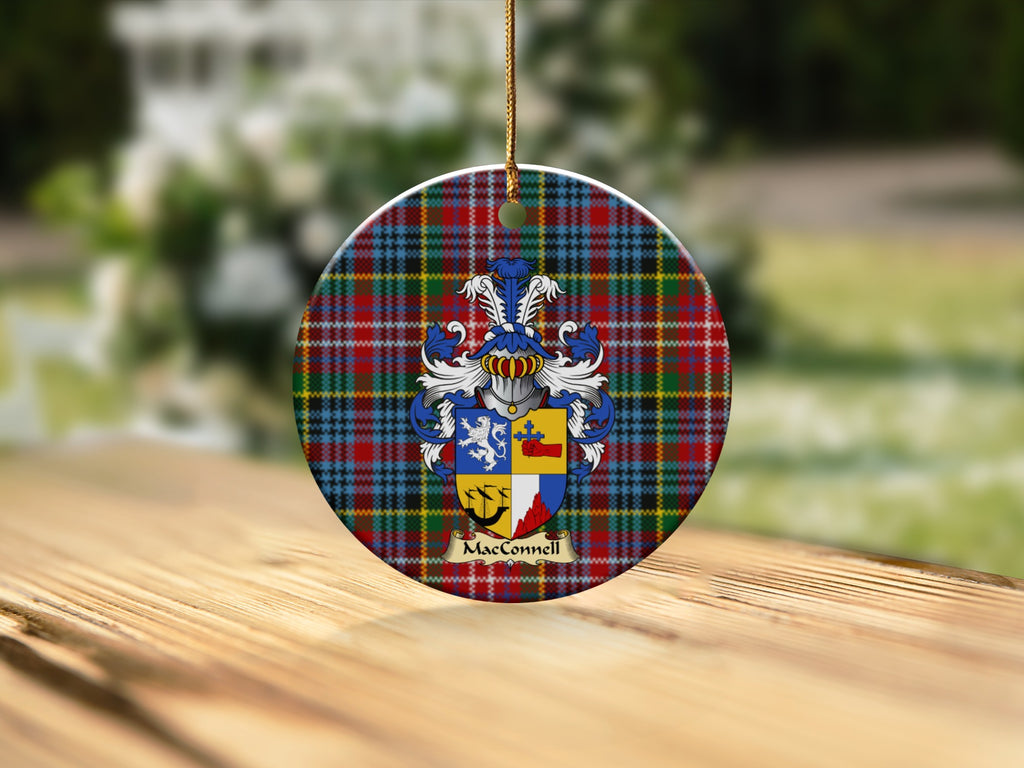 Round MacConnell Scottish clan ornament with family crest on a Caledonia tartan background