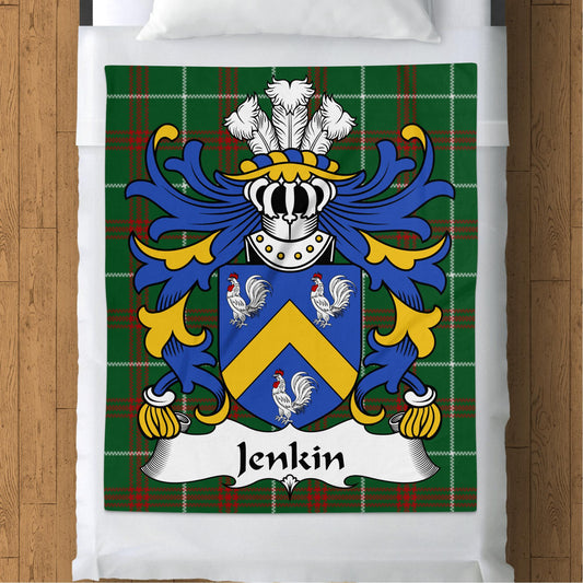 Jenkin Welsh Surname Coat of Arms on Tartan Background Blanket - Living Stone Gifts