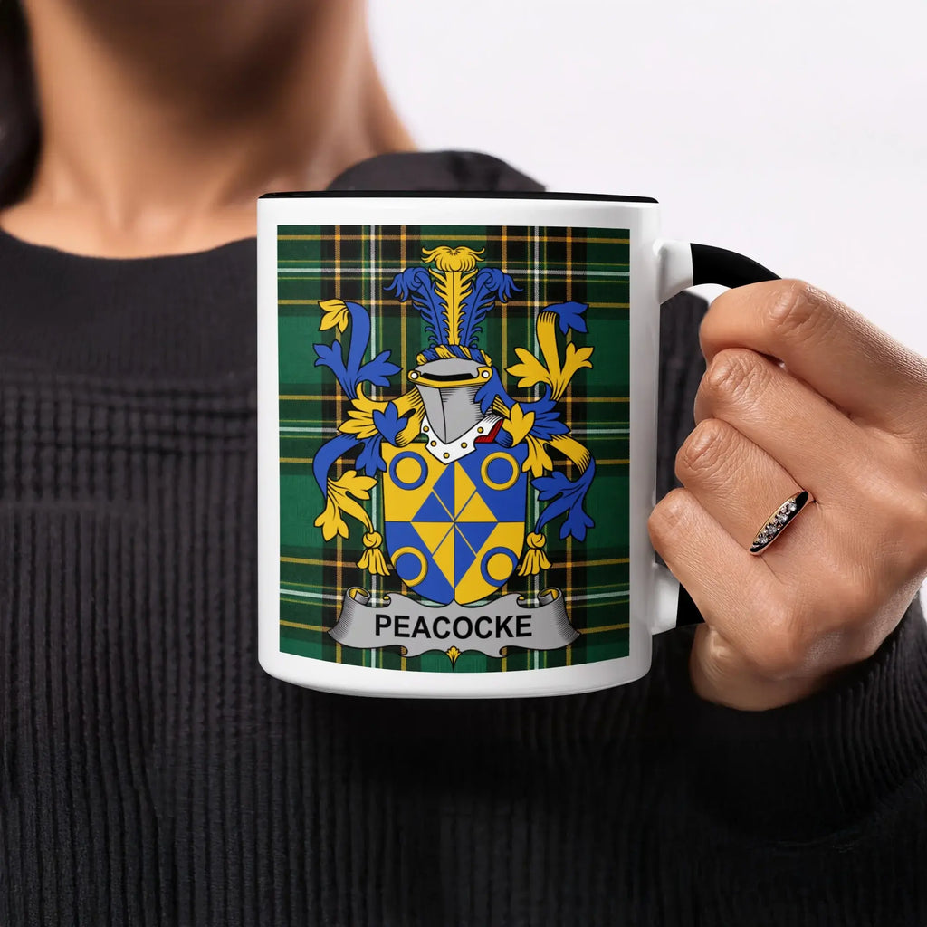 Peacocke black accent mug with Irish National Tartan and family crest
