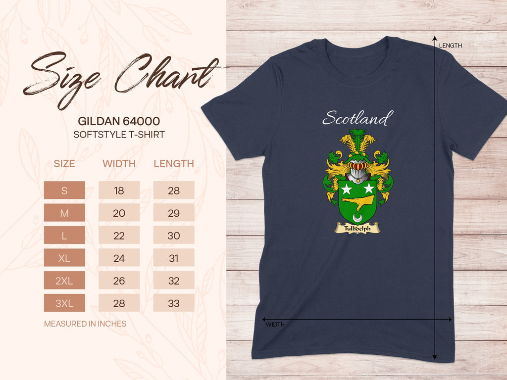 Gildan 64000 size chart for the Tullidelph Scottish family crest T-shirt, covering sizes S–3XL.