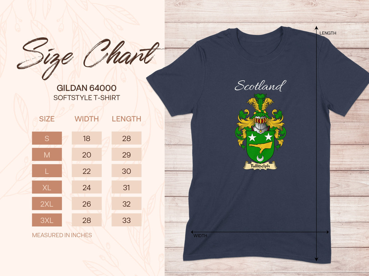 Gildan 64000 size chart for the Tullidelph Scottish family crest T-shirt, covering sizes S–3XL.