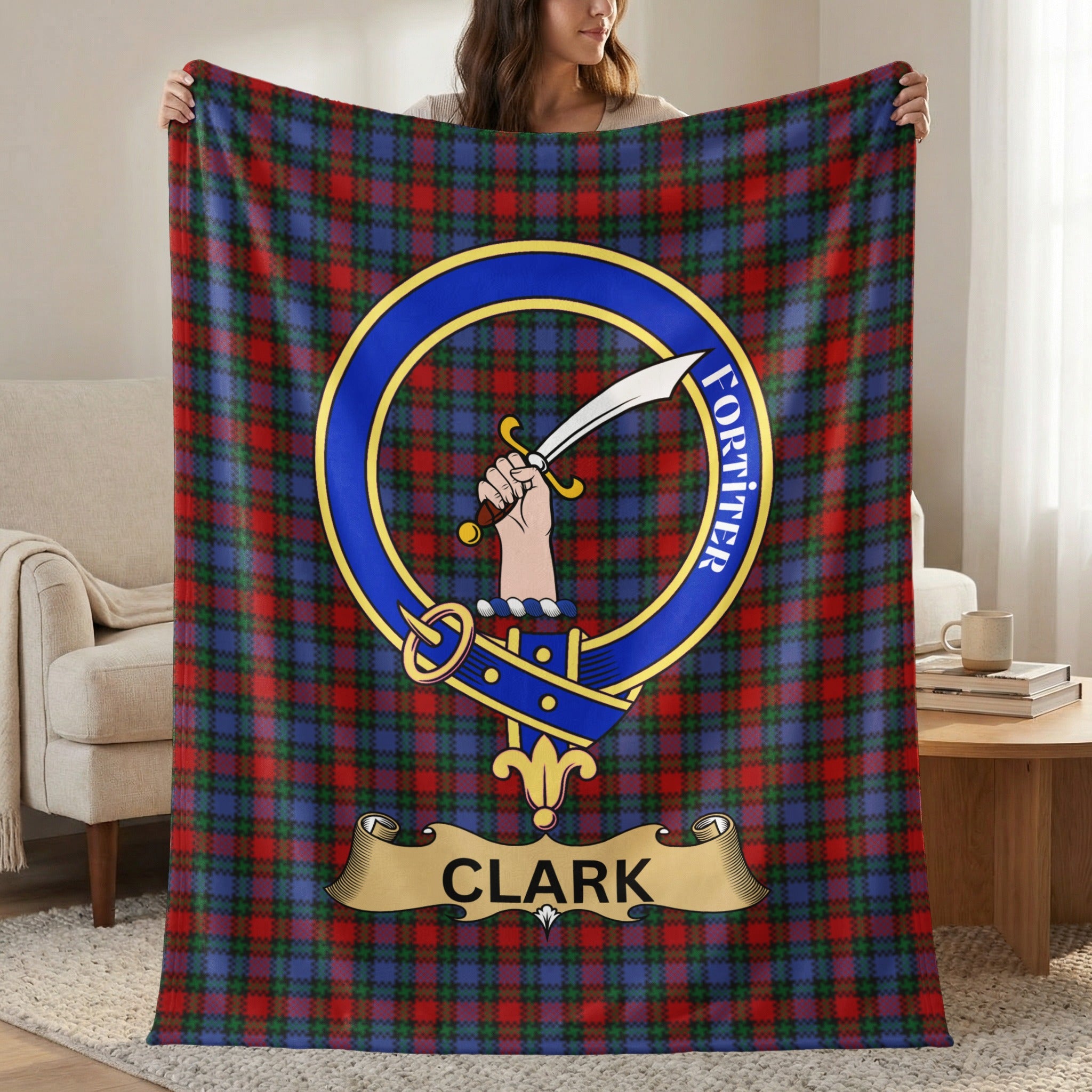 Clark clan crest tartan throw blanket with sword crest — 50x60 polyester