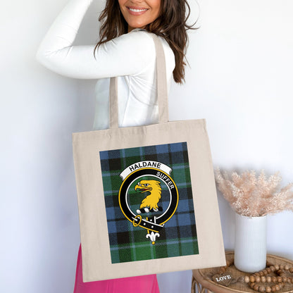 Haldane Scottish Clan Crest on Tartan Tote Bag - Living Stone Gifts