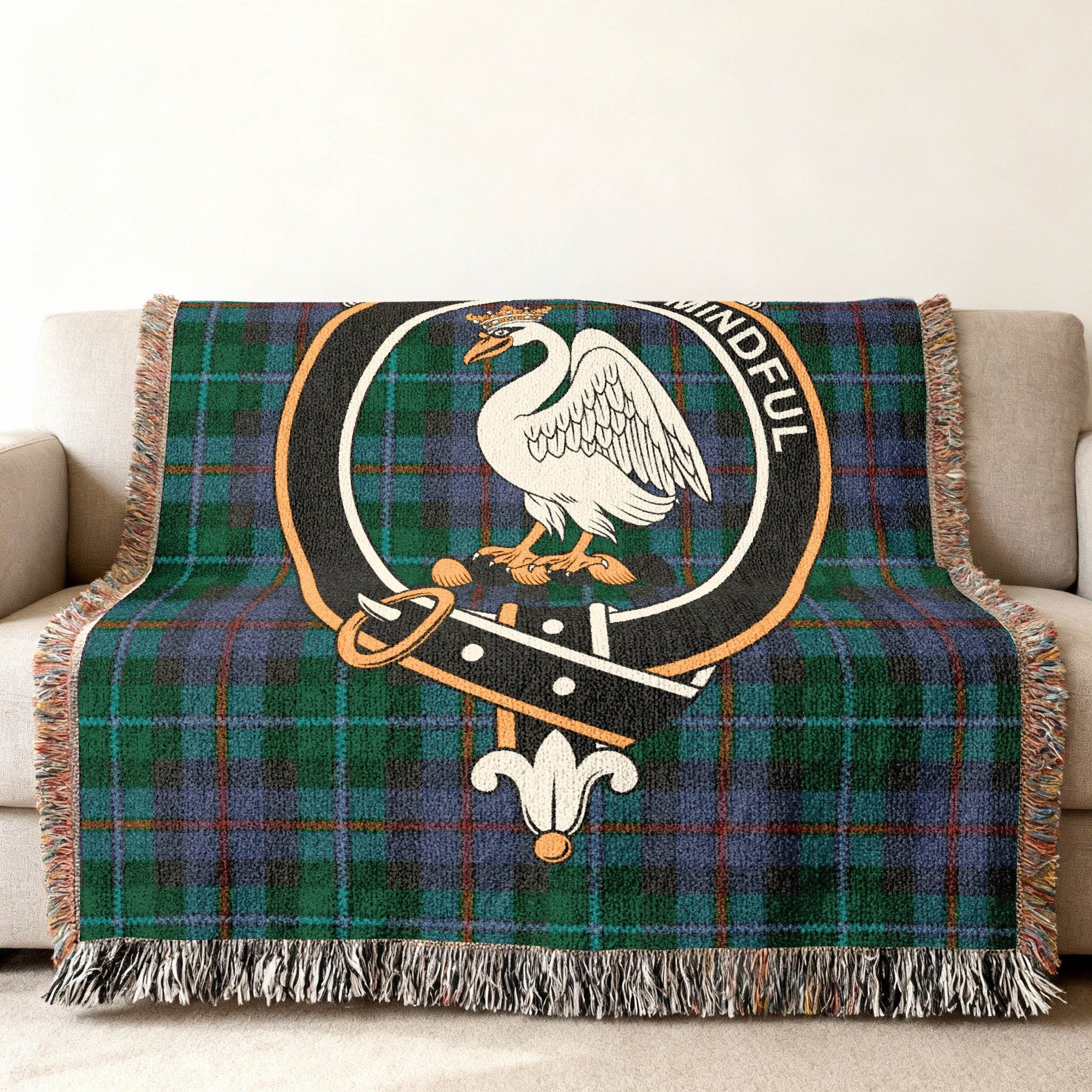 Calder clan crest tartan woven blanket — fringe edge detail, three sizes