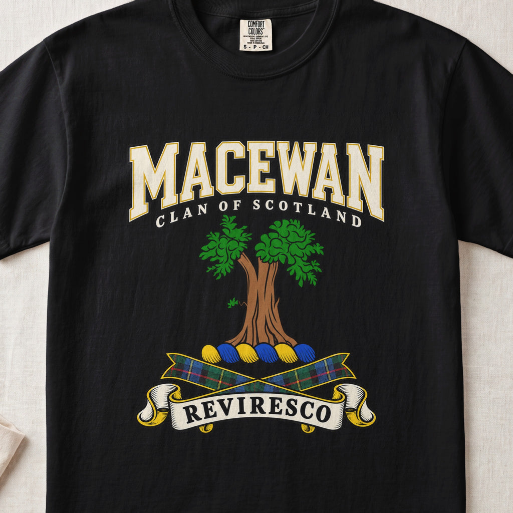 MacEwan Scottish clan graphic T-shirt in Black, front view