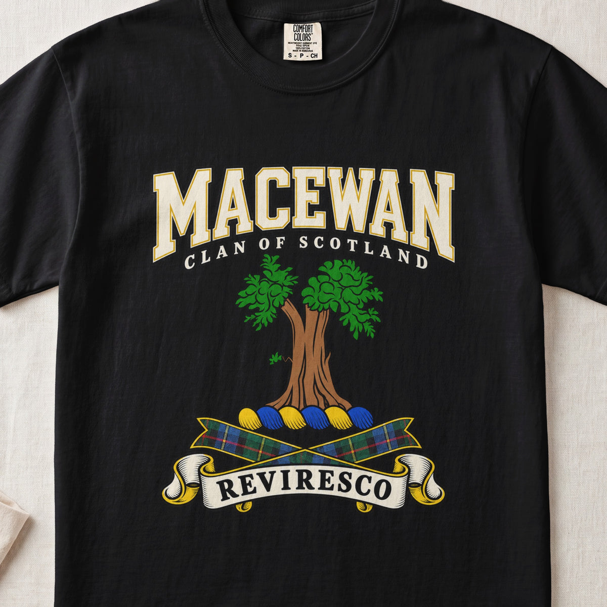 MacEwan Scottish clan graphic T-shirt in Black, front view