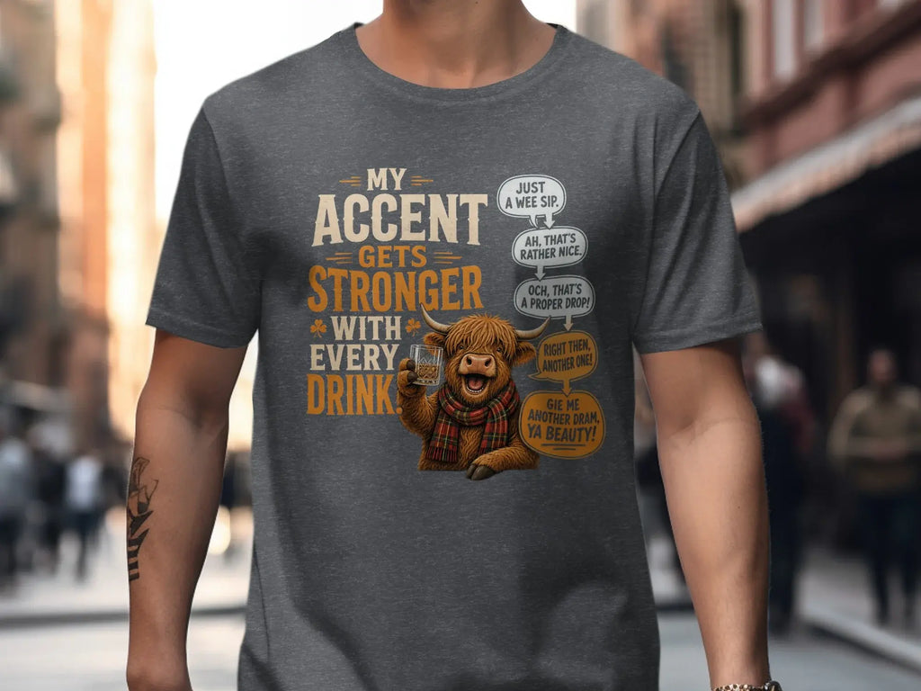 T-shirt with Highland cow and dialogue about drinks.
